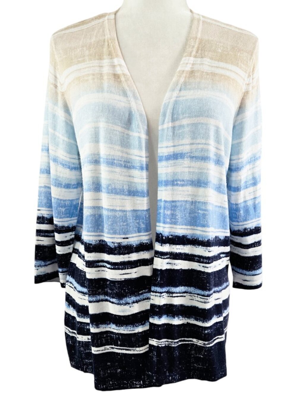 Chico's Blue Tan White Brushstroke Stripe Open Front Cardigan Beachy Boho